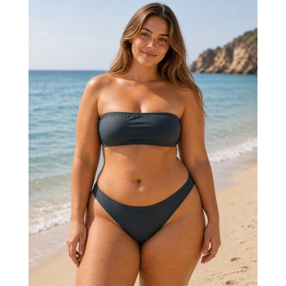 SKIMS Shaping Swim‎ Bandeau Top + Dipped Bikini Bottom Gunmetal Womens 2X